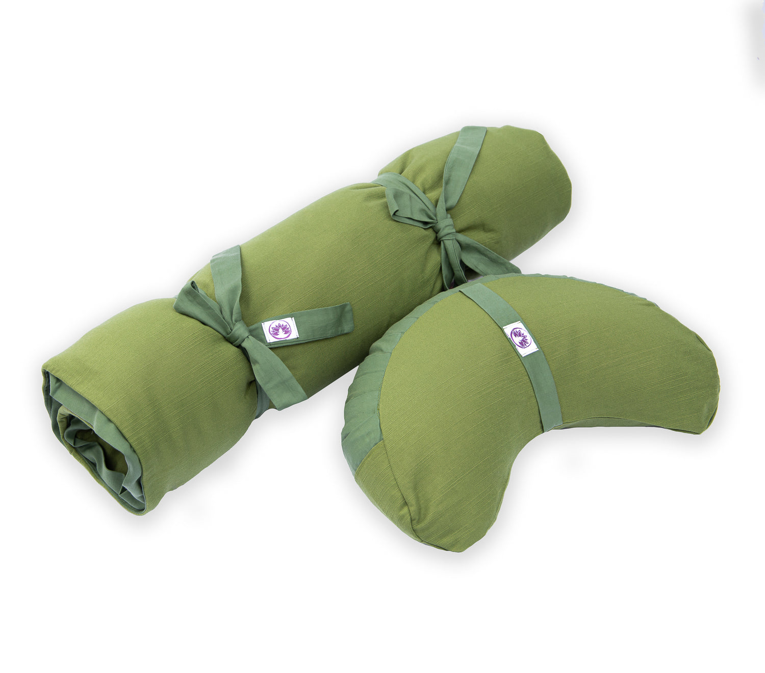 Set da meditazione monocromatico verde con zafu a mezzaluna